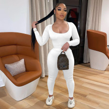 Solid U-Neck Long Sleeve Two Piece Pants Set IV-8240