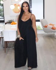 Plus Size Solid Split Sling Top Wide Leg Pants 2 Piece Sets OLYF-6035-1