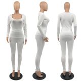 Solid U-Neck Long Sleeve Two Piece Pants Set IV-8240
