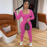 Solid U-Neck Long Sleeve Two Piece Pants Set IV-8240