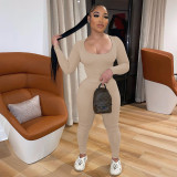 Solid U-Neck Long Sleeve Two Piece Pants Set IV-8240
