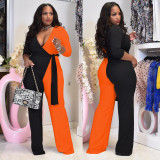Plus Size Contrast Color Patchwork Sashes Jumpsuit WPF-80288