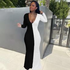 Plus Size Patchwork V Neck Long Sleeve Maxi Dress HNIF-HN042