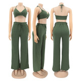 Sexy Solid Halter Crop Top Wide Leg Pants 2 Piece Sets HNIF-HN036