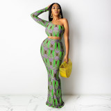 Plus Size Printed One Shoulder Maxi Skirt 2 Piece Sets HNIF-HN008