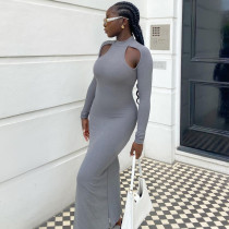 Solid Hollow Out Long Sleeve Slim Maxi Dress YMEF-5034