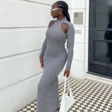 Solid Hollow Out Long Sleeve Slim Maxi Dress YMEF-5034