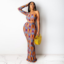 Plus Size Printed One Shoulder Maxi Skirt 2 Piece Sets HNIF-HN008