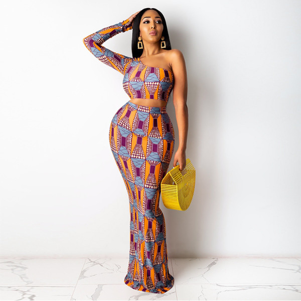 Plus Size Printed One Shoulder Maxi Skirt 2 Piece Sets HNIF-HN008