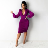 Sexy Solid V Neck Long Sleeve Bodycon Dress HNIF-HN016