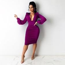 Sexy Solid V Neck Long Sleeve Bodycon Dress HNIF-HN016