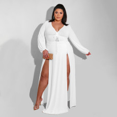 Plus Size Solid V Neck High Split Long Sleeve Maxi Dress HNIF-DHN001