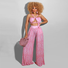 Sexy Printed Wrap Chest Top Wide Leg Pants 2 Piece Suits HNIF-HN005
