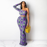 Plus Size Printed One Shoulder Maxi Skirt 2 Piece Sets HNIF-HN008