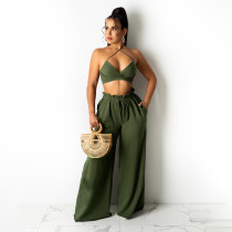 Sexy Solid Halter Crop Top Wide Leg Pants 2 Piece Sets HNIF-HN036