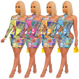 Plus Size Sexy Printed One Shoulder Hollow Mini Dress HNIF-HN013