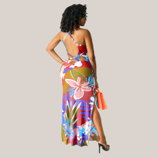 Floral Printed Sleeveless Backless Split Maxi Dress HNIF-HN025