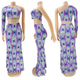 Plus Size Printed One Shoulder Maxi Skirt 2 Piece Sets HNIF-HN008