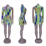 Plus Size Sexy Printed One Shoulder Hollow Mini Dress HNIF-HN013