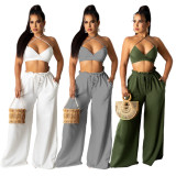 Sexy Solid Halter Crop Top Wide Leg Pants 2 Piece Sets HNIF-HN036