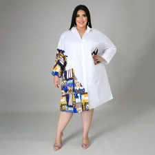 Plus Size Casual Loose Pachwork Shirt Dress HNIF-DHN004