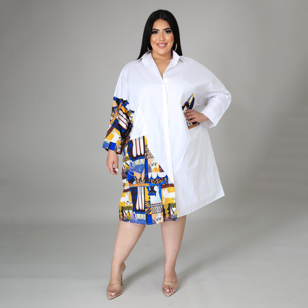 Plus Size Casual Loose Pachwork Shirt Dress HNIF-DHN004
