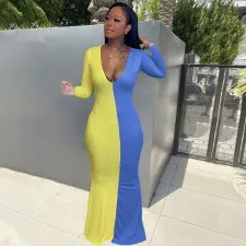 Plus Size Patchwork V Neck Long Sleeve Maxi Dress HNIF-HN042