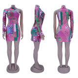 Plus Size Sexy Printed One Shoulder Hollow Mini Dress HNIF-HN013