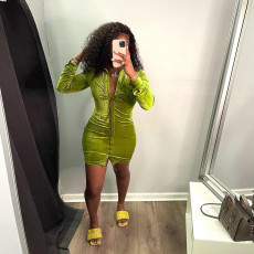 Solid Velvet Turndown Collar Long Sleeve Mini Dress SH-390196