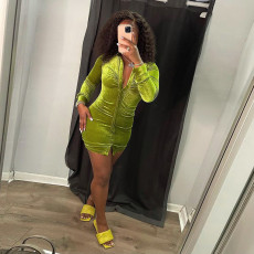 Solid Velvet Turndown Collar Long Sleeve Mini Dress SH-390196