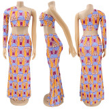 Plus Size Printed One Shoulder Maxi Skirt 2 Piece Sets HNIF-HN008