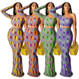 Plus Size Printed One Shoulder Maxi Skirt 2 Piece Sets HNIF-HN008