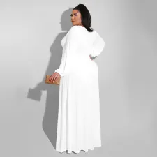 Plus Size Solid V Neck High Split Long Sleeve Maxi Dress HNIF-DHN001