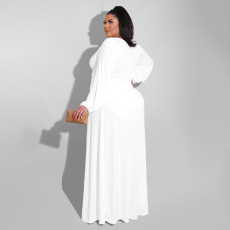 Plus Size Solid V Neck High Split Long Sleeve Maxi Dress HNIF-DHN001