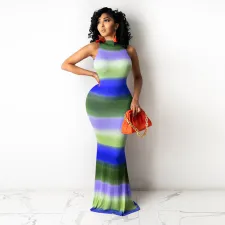 Sexy Striped Sleeveless Slim Maxi Dress HNIF-HN014