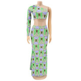 Plus Size Printed One Shoulder Maxi Skirt 2 Piece Sets HNIF-HN008