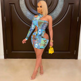 Plus Size Sexy Printed One Shoulder Hollow Mini Dress HNIF-HN013