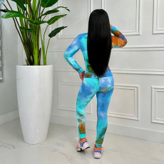Plus Size Tie Dye Print Zipper Long Sleeve 2 Piece Suits (Without Mask)HNIF-050