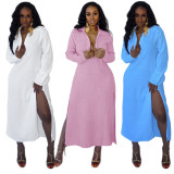 Plus Size Solid Long Sleeve Split Maxi Dress HNIF-052