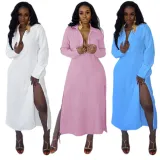 Plus Size Solid Long Sleeve Split Maxi Dress HNIF-052