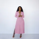 Plus Size Solid Long Sleeve Split Maxi Dress HNIF-052