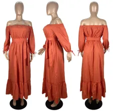 Solid Slash Neck Long Sleeve Sashes Maxi Dress LSL-6468