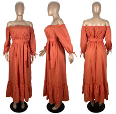 Solid Slash Neck Long Sleeve Sashes Maxi Dress LSL-6468