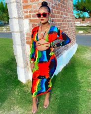 Sexy Printed Hollow Out Full Sleeve Maxi Dress LSL-6471