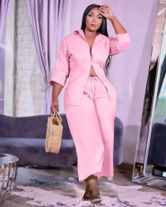 Plus Size Casual Solid Two Piece Pants Set YMEF-5032