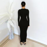 Sexy Solid Long Sleeve Hollow Slim Maxi Dress DDF-88122