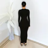 Sexy Solid Long Sleeve Hollow Slim Maxi Dress DDF-88122