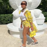 Casual Printed Drawstring Hooded Zopper Coat+Shorts 2 Piece Suits MEM-88388