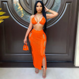 Sexy Knitted Bra Top Long Skirt Hollow Out 2 Piece Sets ZSD-0117