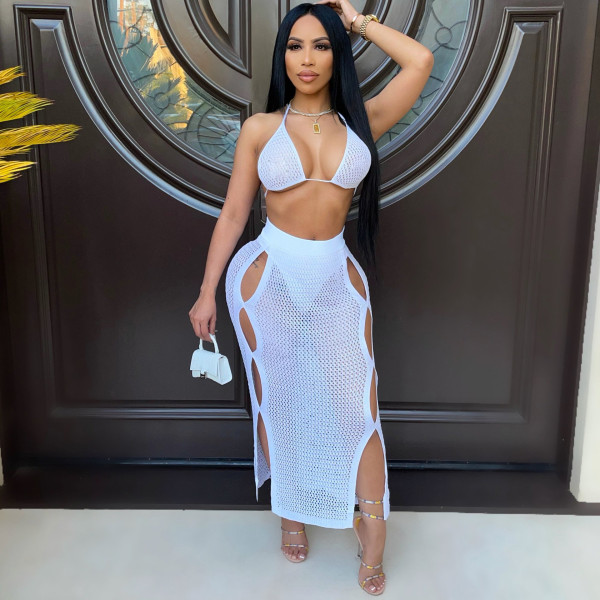 Sexy Knitted Bra Top Long Skirt Hollow Out 2 Piece Sets ZSD-0117